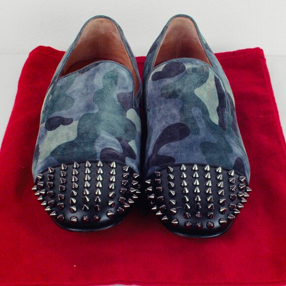Christian Louboutin Suede Loafers Size 44 11 Spooky Flat Spike Green Blue Camo - Picture 1 of 10